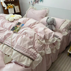 YICKYUE  -  4PCS Princess Bedding Set Lace Ruffles Skin-Friendly Quilt Cover Skirt Bed Sheet Set 2 Pillowcases Queen Size For Girls Women