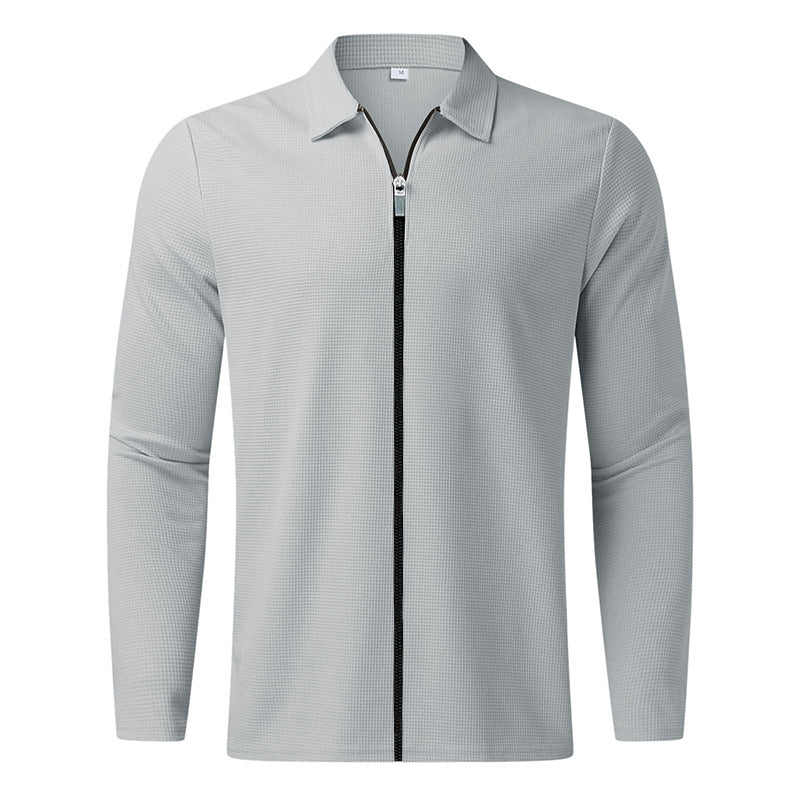 Hearujoy Waffle Jacket For Men Solid Zipper Long Sleeve Lapel Cardigan Coat Spring Autumn Casual Polo Collar Jackets Outwear Clothing