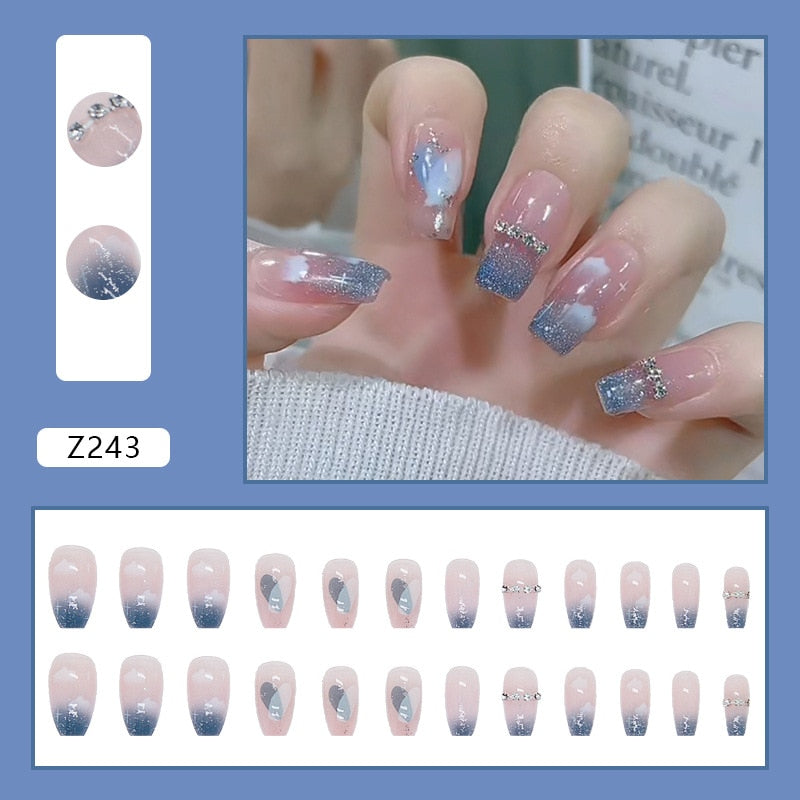 24pcs Coffin False Nails Starry Sky With Rhinestones Designs Ballerina Fake Nail Tips Press On Artificial Full Cover Manicure