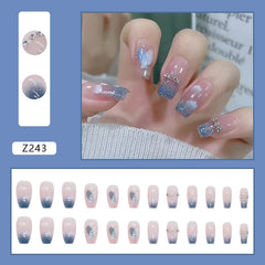 24pcs Coffin False Nails Starry Sky With Rhinestones Designs Ballerina Fake Nail Tips Press On Artificial Full Cover Manicure
