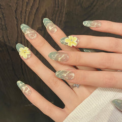 YICKYUE  -  10pcs Handmade Mint Green Press on Nails 3D Yellow Flower Decor Fake Nails Wearable Glitter Gradient Cat Eye False Nail Tips