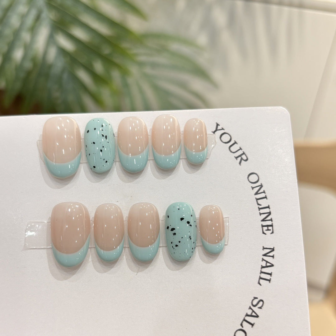 YICKYUE  -  Handmade Refreshing Mint French Short Oval Press On Nails Eggshell Design False Nails Wearable Manicure For Women And Girls