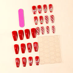 YICKYUE  -  2025 Shiny Christmas Ball Fake Nails Sweet Bow Snowflake Decor False Nail Tips Wearable Mid-length Coffin Ballet Press on Nails