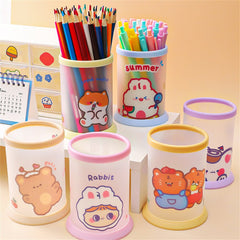 1pc Kawaii Cartoon Pen Holder Frosted Plastic Round Pencil Makeup Brush Storage Bucket Cute Desktop Organize Stationery