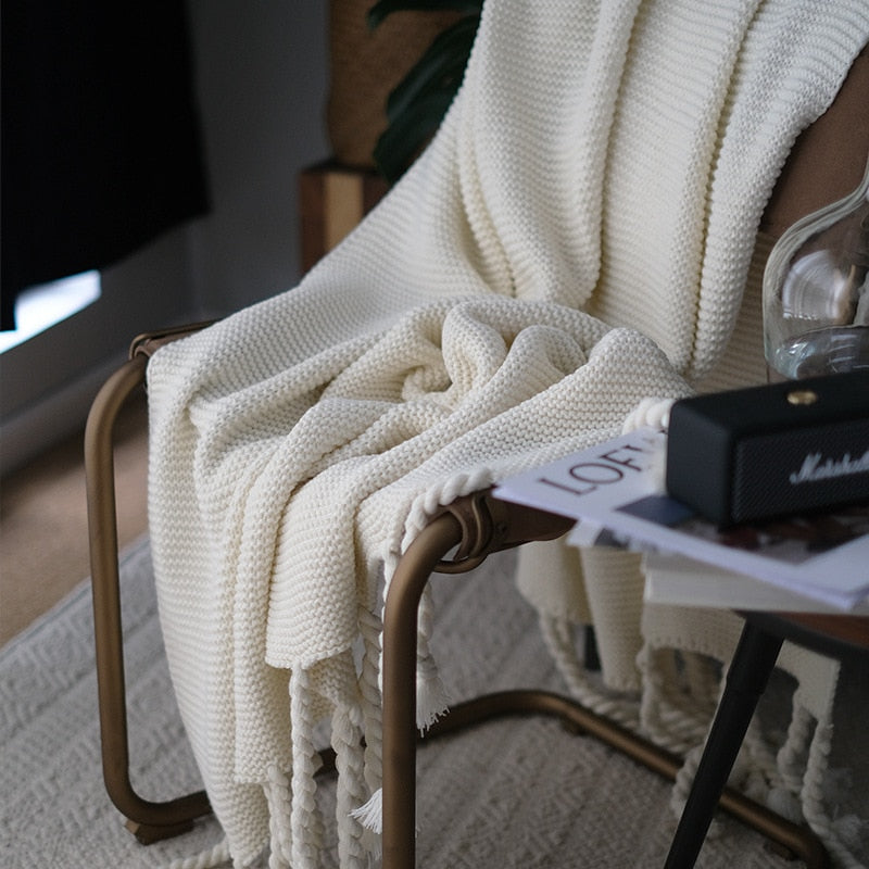 Yickyue Hand Knitted Blanket Throw Frignes Warm Soft Green White Gray Pink Weighted Blanket With Tassel For Bed Fleece Plaid Throws