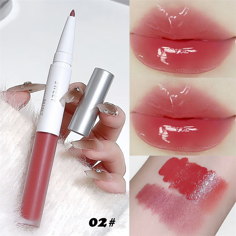 YICKYUE   -  2 in 1 Lip Glaze Lip Liner Pen Smooth Long Lasting Moisturizing Lipgloss Non-stick Cup Lipliner Pencil Water Glass Korean Makeup