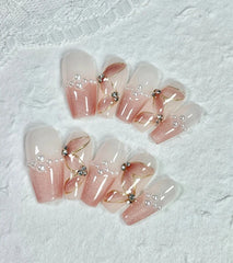 YICKYUE -  Handmade Long Almond Wearable Fake Nail Pure Colour Temperament False Nails Nude Pink Glitter Rhinestones Removable Nail Patch