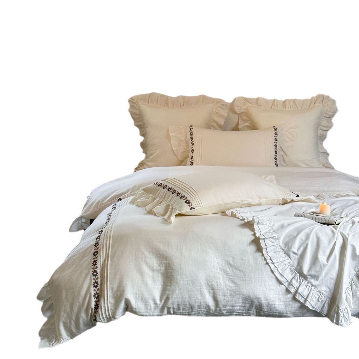 YICKYUE  -  Retro Cream White Embroidery Duvet Cover Set, Wedding Decoration, Cotton Yarn Bedding Set, Skin-friendly Double Bed Set, 4Pcs