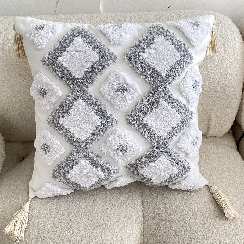 Yickyue Boho Grey Geometric Tufted Cushion Cover Four Corner Fringe Sofa Pillow Covers Decorative Square Decorative Pillows for Sofa