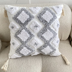 Yickyue Boho Grey Geometric Tufted Cushion Cover Four Corner Fringe Sofa Pillow Covers Decorative Square Decorative Pillows for Sofa