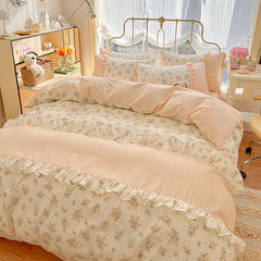 YICKYUE  -  Korean Style Pastoral Style Cotton Double-Layer Yarn Four-Piece Set Small Floral Ruffled Cotton Quilt Cover Super Soft Nude Sleeping Bedding