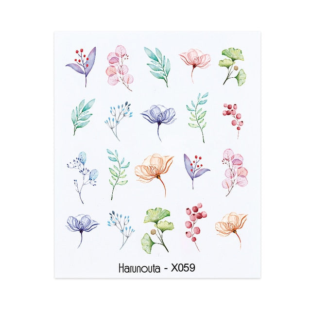 Harunouta Black Lines Flower Leaves Water Decals Stickers Floral Face Marble Pattern Slider For Nails Summer Nail Art Decoration
