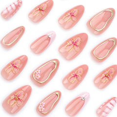 YICKYUE  -  24pcs Pink French Crocodile Pattern Press on Nails Sparkling Powder 3D Flowers Fake Nail Wearable Detchable Nude Pink False Nail