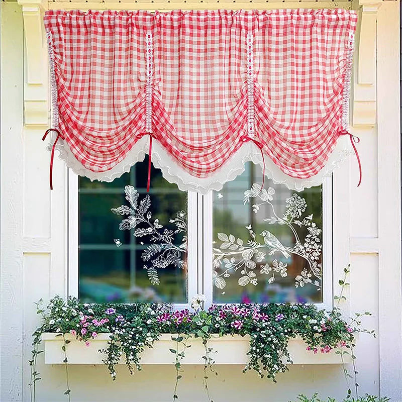 YICKYUE  -  Korean Romantic Red Plaid Ruffled Lace Short Sheer Curtain Red Ribbon Adjustable Lifting Curtain For Living Room Bedroom Kitchen