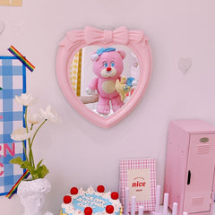 Yickyue Girl Bow Heart-shaped Mirror Desktop Decoration Wall Mirror Dual-purpose Vanity Mirror Room Decoration Mirror