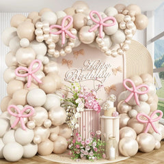 YICKYUE  -  132 Pcs Pearl Sand White Balloon Garland Arch Pink Bow Balloon for Girls Princess Wedding Baby Shower Birthday Party Decoration