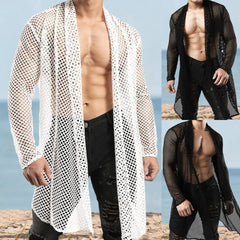 Hearujoy Sexy Hollow Out Loose Cardigan Shawl Mens Spring Summer Long Sleeve Beach Shirts Mesh Perspective Long Coat Cloak Streetwear