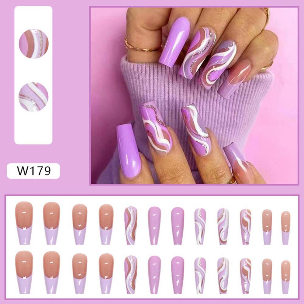 24 PCS Long Coffin Ballet False Nail Rose Pink Wave Print Full Finished Fake Nail Patch Nail Art Decorations Press on Nails