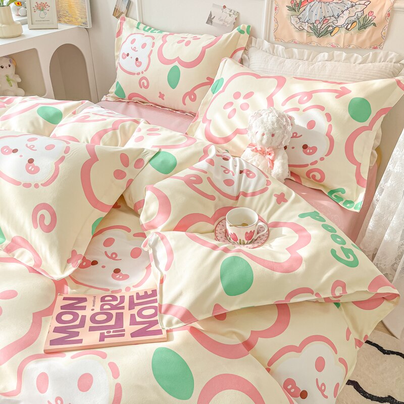 Yickyue Cartoon Style Printed Bedding Sets King Queen Full Sizes Comforter Sets Duvet Cover Bed Flat Sheet Pillowcases for Child Girls