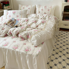 YICKYUE  -  4Pcs Vintage French Pleated Wide Edge Floral Pastoral Style 100% Cotton Bedding Set Duver Cover Bed Skirt Bedspread Pillowcases