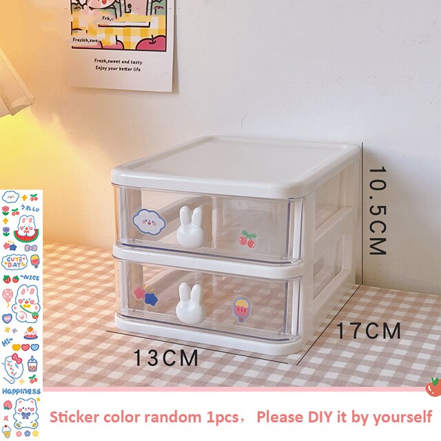 Kawaii Desktop Drawer Storage Box With Sticker Cute Plastic Clear Organizer Boxes Student Desk Stationery Container Storage Rack