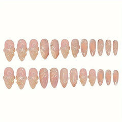YICKYUE  -  24PCS Fashion 3D Crystal Flowers Fake Y2k Nails Press On Acyrlic Nails Long Almond False Nails French Stripes Decor Removable