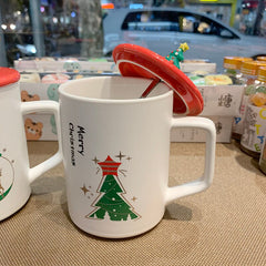 Creative Christmas Cup Ceramic Coffee Mug with Lid and Spoon Couple Office Milk Coffee Cup Caneca Merry Christmas Gifts 350ml