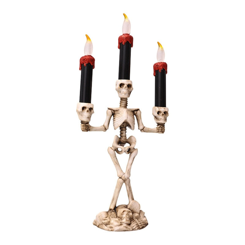 Halloween 3 Candles Holder Candelabra Skull Skeleton Table Candlestick Home Decoration LED Candles Party Holiday DIY Decoration