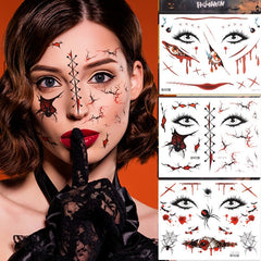 Yickyue Halloween Temporary Tattoo Stickers Waterproof Lasting Terror Spider Lip Scar Bloody Mask Design Fake Tattoo Sticker Face Makeup