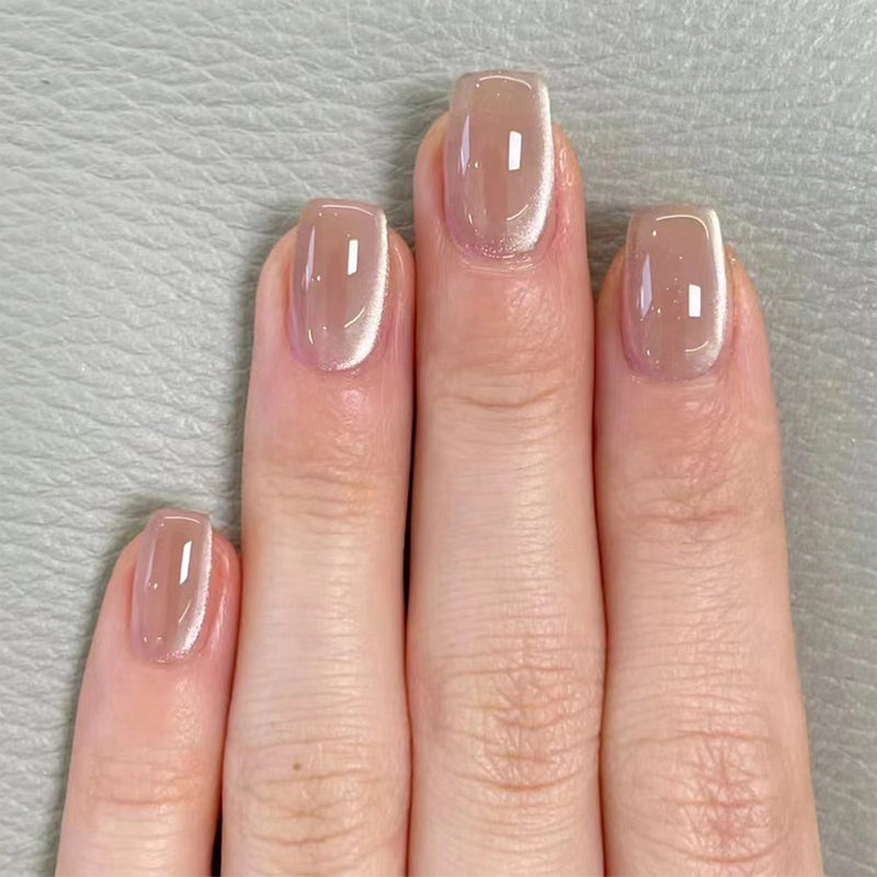 YICKYUE  -  Naked Pink Cat Eyes Handmade Press on Nails Wearing Armor Square Short Armor Simple Solid Color Cute Nail Art