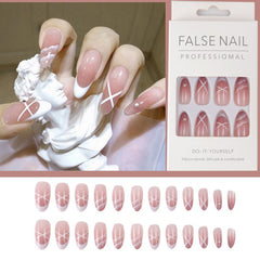 24P Round Head Point Drill White French Manicure Gradient Nail Art Full Cover Artificial Fake Nails Wearing Reusable False Nails