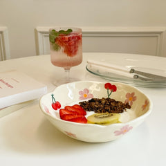Yickyue Ceramic Salad Bowl Hand Pinched Irregular Flower Cream Yellow Yogurt Bowl ins korean style Oatmeal Breakfast Flower Bowl Kitchen