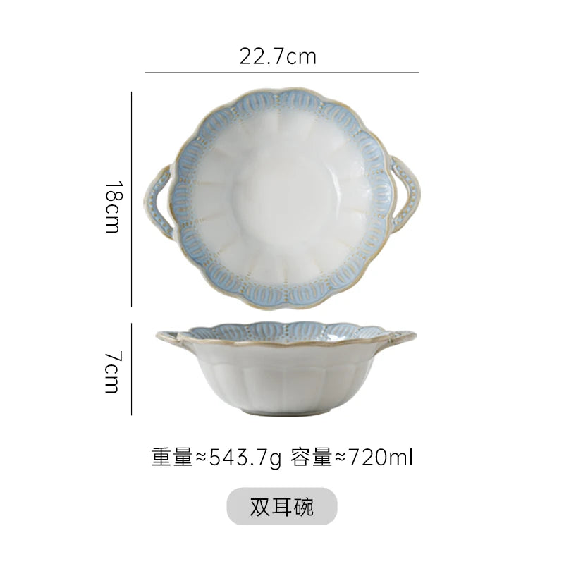 YICKYUE  -  French Vintage  Household Vegetable Relief Dining Plate Ceramic Soup  Premium Steamed Fish  Light Luxury Disc Plate