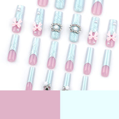 YICKYUE   -  24pcs 3D French Fake Nails Pink Bow Design Blue French Press on Nails Full Cover Wearable Cat Crystal Long Ballet False Nails