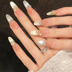 Yickyue  10Pcs Long Oval Handmade Press-On Nails Rainbow Cat-Eye Effect with 3D Flower Designs Perfect for Women&girls Daily Nail Wear