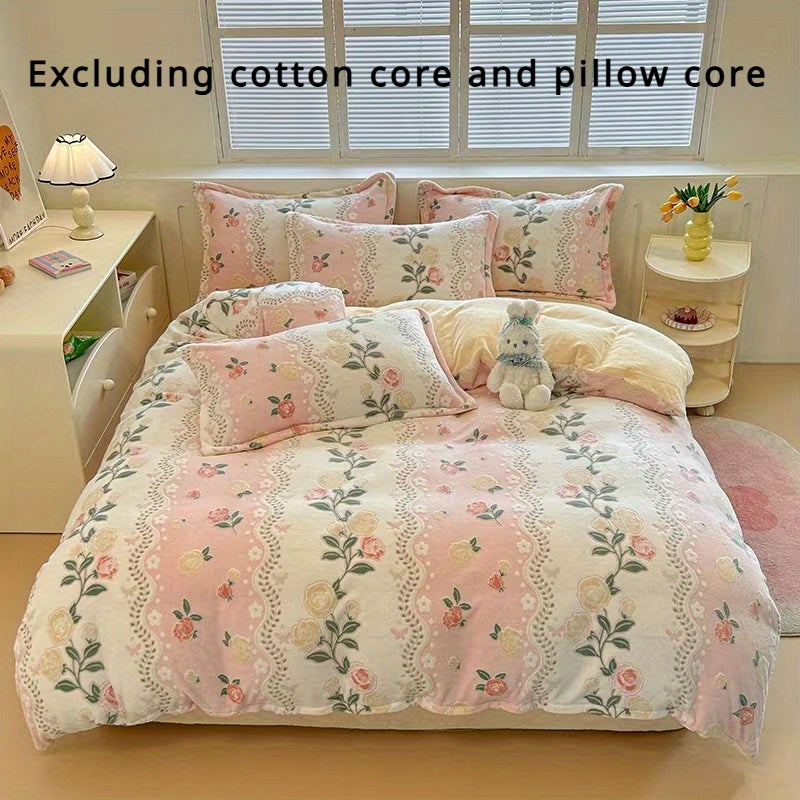 YICKYUE  -  Luxurious 4pcs Milk Fleece Bedding Set - Soft & Warm Floral Duvet Cover, Pillowcases, and Sheets for Cozy Autumn & Winter Comfort