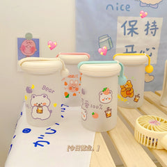 Korea Kawaii Simple Frosted Water Cup for Students with Cartoon Pattern Glass Cute Girl Heart Coffee Milk Cup
