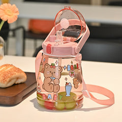 Cute Double Drink Big Belly Water Cup Large Capacity Outdoor Strap Straw Water Bottle High Temperature 1100ml Adult Student
