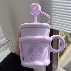 YICKYUE  -  Cute Puppy Thermos Sainless Steel Water Bottle With Straw Filter Tumbler 450ml Insulation Thermal  Cup For Coffee Tea Juice Gift