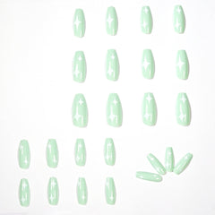 24pcs press on nails Matcha Green Fake Nail Patch Star Print Glue Type Removable Long Paragraph Fashion Manicure Patch