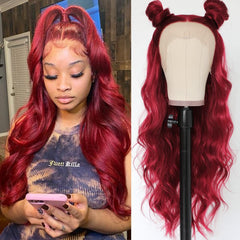YICKYUE  -  Front lace wig women's wine red large wave long curly hair headband high-temperature silk synthetic fiber wig