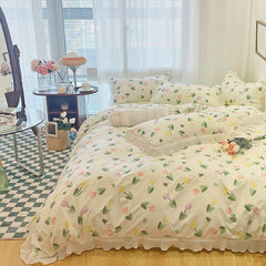 Polyester Bedding Set Pastoral Style Tulip Pattern Flowers Floral- Double -- Pillow Case / Bed Sheet / Quilt Cover