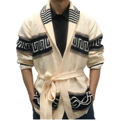 Hearujoy Autumn Winter Men Thicken Jacquard Knitted Cardigan Coat Vintage Turndown Collar With Waistband Thick Needle Sweater Streetwear