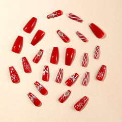 YICKYUE  -  2025 Shiny Christmas Ball Fake Nails Sweet Bow Snowflake Decor False Nail Tips Wearable Mid-length Coffin Ballet Press on Nails
