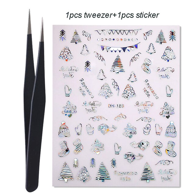 1 Set Xmas Christmas Silver 3D Nail Stickers with Tweezer Snowflakes Star Decoration Transfer Stickers for Nails Manicures Slide