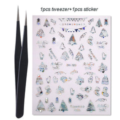 1 Set Xmas Christmas Silver 3D Nail Stickers with Tweezer Snowflakes Star Decoration Transfer Stickers for Nails Manicures Slide