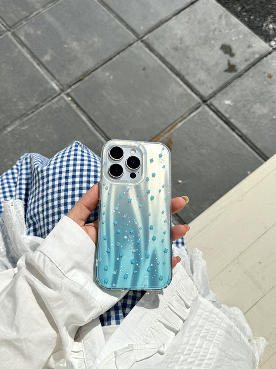 YICKYUE  -  ins Laser underwater Gradient Blue Stars Phone Case for iPhone 16 15 14 13 Pro Max Back Cover Fund