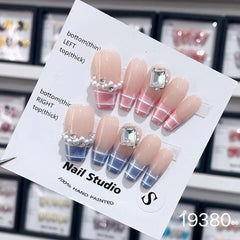 Yickyue Bow Ice Translucent Sense Handmade Wearable Fake Nail Gradient AB Asymmetric Almond false Nails Trim Nail Shape Nail Decoration