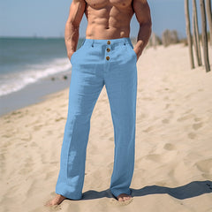 Hearujoy Cotton Linen Casual Pants For Men Solid color Buttoned Loose Comfort Ventilate Long Trousers Spring Summer Beach Pant Streetwear