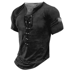 Hearujoy New Men V-neck Vintage T-shirt Short Sleeve Casual Cotton Tee Top Summer Fashion Lace Up 3D Digital Printed Tshirts Man Clothing